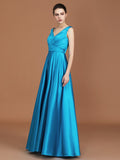 A-Line/Princess V-neck Sleeveless Floor-Length Ruffles Satin Bridesmaid Dress Formal Evening Dress
