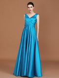 A-Line/Princess V-neck Sleeveless Floor-Length Ruffles Satin Bridesmaid Dress Formal Evening Dress