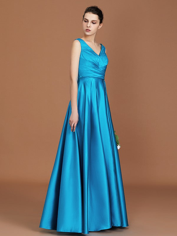 A-Line/Princess V-neck Sleeveless Floor-Length Ruffles Satin Bridesmaid Dress Formal Evening Dress