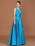 A-Line/Princess V-neck Sleeveless Floor-Length Ruffles Satin Bridesmaid Dress Formal Evening Dress