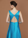 A-Line/Princess V-neck Sleeveless Floor-Length Ruffles Satin Bridesmaid Dress Formal Evening Dress