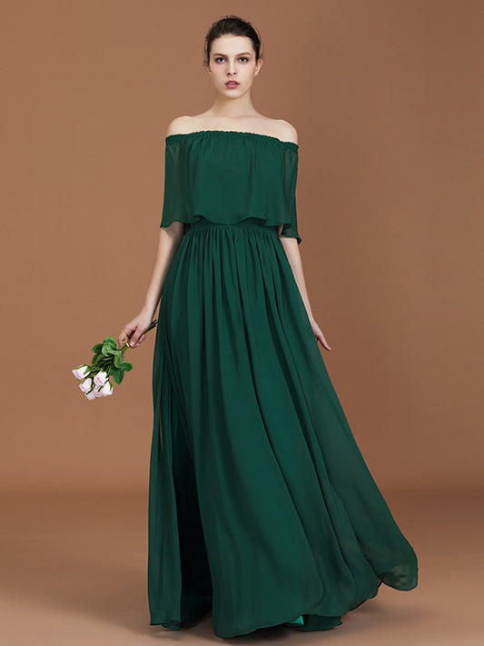 A-Line/Princess Pleats Off-the-Shoulder Floor-Length Chiffon Bridesmaid Dress Evening Dress