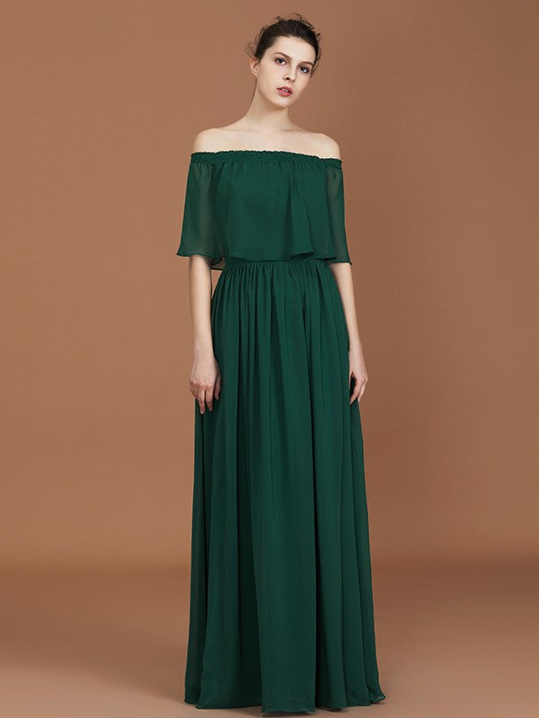 A-Line/Princess Pleats Off-the-Shoulder Floor-Length Chiffon Bridesmaid Dress Evening Dress