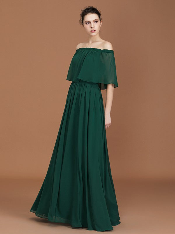 A-Line/Princess Pleats Off-the-Shoulder Floor-Length Chiffon Bridesmaid Dress Evening Dress