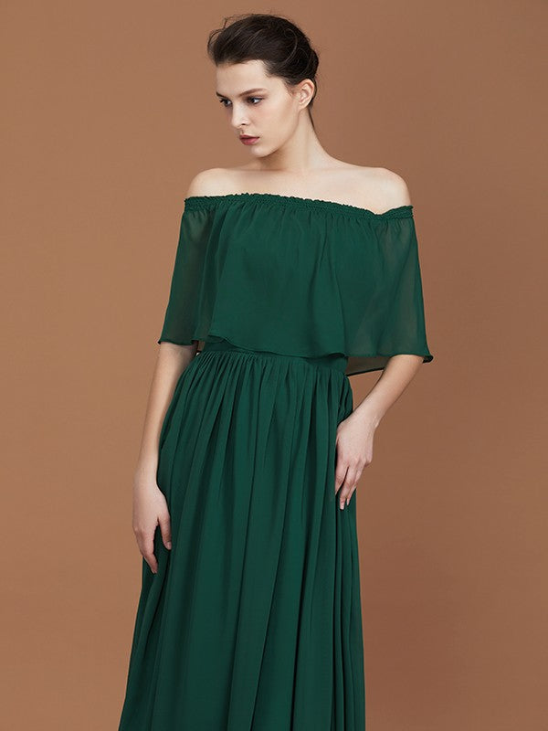 A-Line/Princess Pleats Off-the-Shoulder Floor-Length Chiffon Bridesmaid Dress Evening Dress