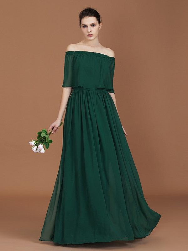 A-Line/Princess Pleats Off-the-Shoulder Floor-Length Chiffon Bridesmaid Dress Evening Dress
