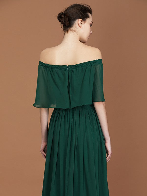 A-Line/Princess Pleats Off-the-Shoulder Floor-Length Chiffon Bridesmaid Dress Evening Dress