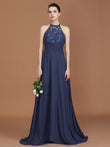 A-Line/Princess Scoop Sleeveless Sweep Train Chiffon Lace Bridesmaid Dress Evening Prom Dress