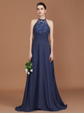 A-Line/Princess Scoop Sleeveless Sweep Train Chiffon Lace Bridesmaid Dress Evening Prom Dress