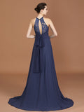 A-Line/Princess Scoop Sleeveless Sweep Train Chiffon Lace Bridesmaid Dress Evening Prom Dress