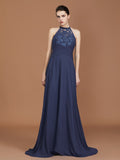 A-Line/Princess Scoop Sleeveless Sweep Train Chiffon Lace Bridesmaid Dress Evening Prom Dress