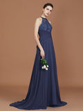 A-Line/Princess Scoop Sleeveless Sweep Train Chiffon Lace Bridesmaid Dress Evening Prom Dress