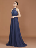A-Line/Princess Scoop Sleeveless Sweep Train Chiffon Lace Bridesmaid Dress Evening Prom Dress
