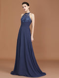 A-Line/Princess Scoop Sleeveless Sweep Train Chiffon Lace Bridesmaid Dress Evening Prom Dress