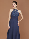 A-Line/Princess Scoop Sleeveless Sweep Train Chiffon Lace Bridesmaid Dress Evening Prom Dress