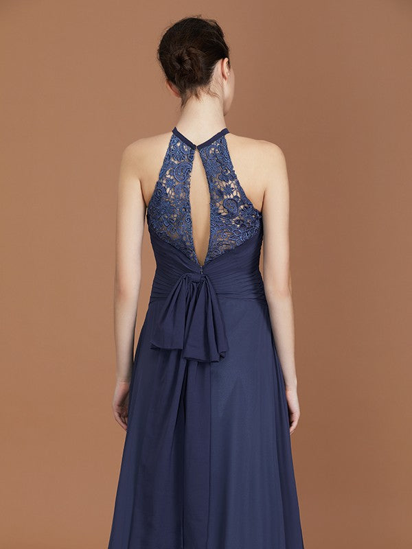 A-Line/Princess Scoop Sleeveless Sweep Train Chiffon Lace Bridesmaid Dress Evening Prom Dress