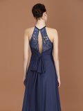 A-Line/Princess Scoop Sleeveless Sweep Train Chiffon Lace Bridesmaid Dress Evening Prom Dress