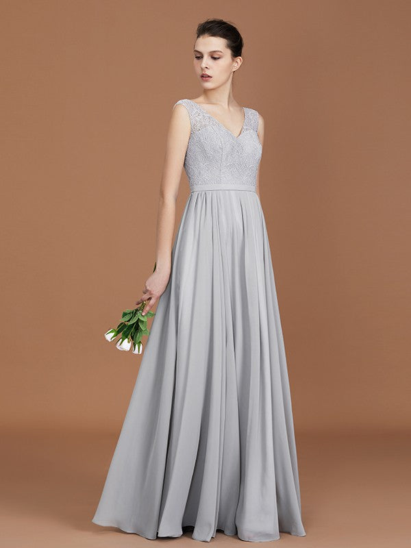 A-Line/Princess V-neck Sleeveless Floor-Length Chiffon Lace Bridesmaid Dress Evening Prom Dress