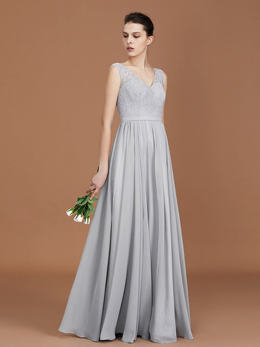 A-Line/Princess V-neck Sleeveless Floor-Length Chiffon Lace Bridesmaid Dress Evening Prom Dress