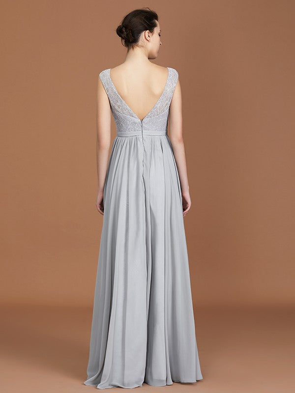 A-Line/Princess V-neck Sleeveless Floor-Length Chiffon Lace Bridesmaid Dress Evening Prom Dress