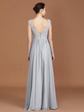 A-Line/Princess V-neck Sleeveless Floor-Length Chiffon Lace Bridesmaid Dress Evening Prom Dress
