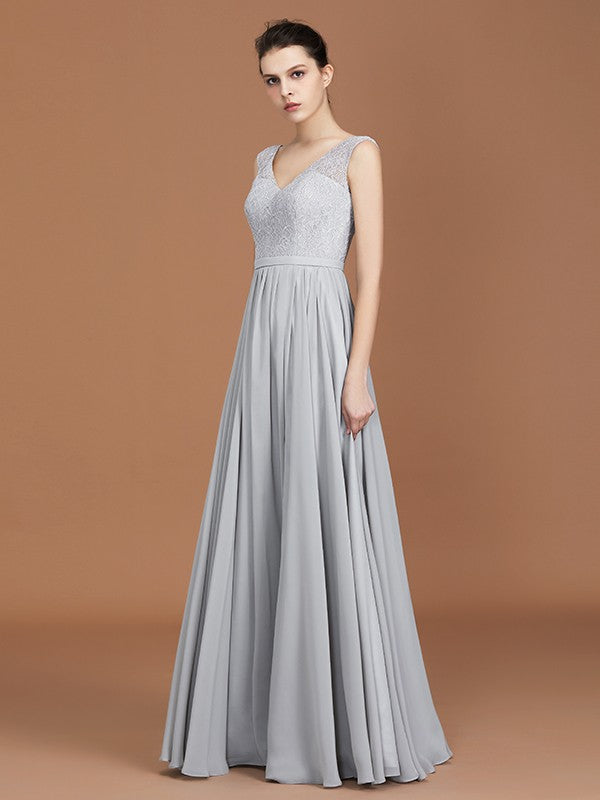 A-Line/Princess V-neck Sleeveless Floor-Length Chiffon Lace Bridesmaid Dress Evening Prom Dress