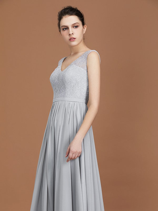 A-Line/Princess V-neck Sleeveless Floor-Length Chiffon Lace Bridesmaid Dress Evening Prom Dress