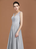A-Line/Princess V-neck Sleeveless Floor-Length Chiffon Lace Bridesmaid Dress Evening Prom Dress
