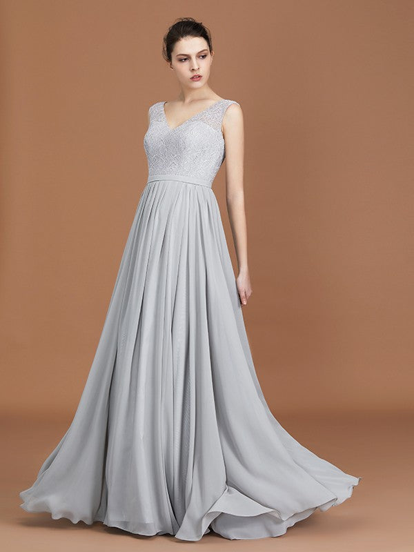 A-Line/Princess V-neck Sleeveless Floor-Length Chiffon Lace Bridesmaid Dress Evening Prom Dress