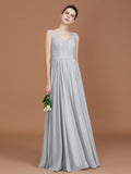 A-Line/Princess V-neck Sleeveless Floor-Length Chiffon Lace Bridesmaid Dress Evening Prom Dress
