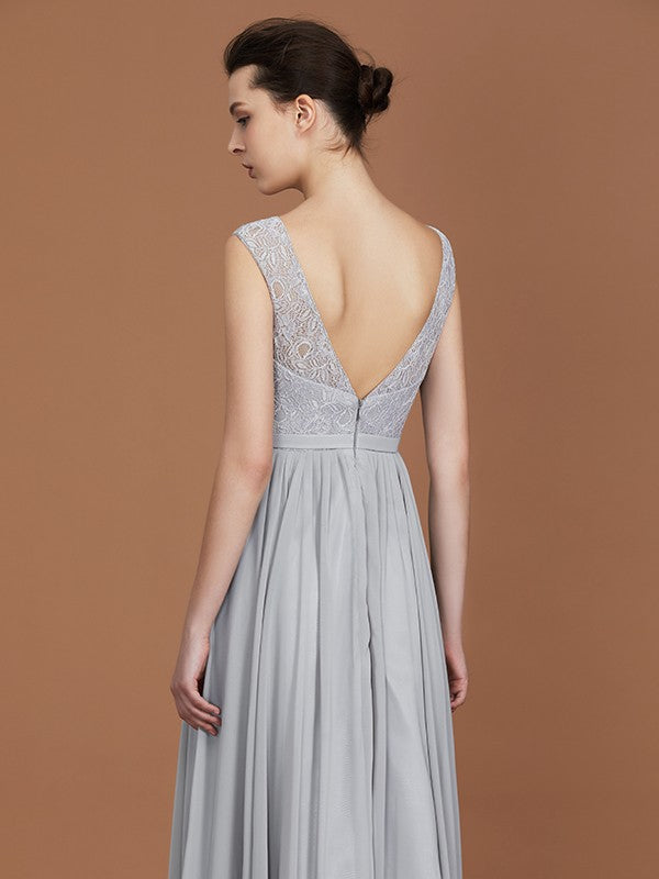 A-Line/Princess V-neck Sleeveless Floor-Length Chiffon Lace Bridesmaid Dress Evening Prom Dress