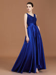 A-Line/Princess V-neck Sleeveless Satin Asymmetrical Lace Bridesmaid Dress Evening Prom Dress