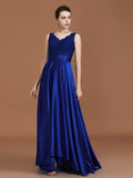 A-Line/Princess V-neck Sleeveless Satin Asymmetrical Lace Bridesmaid Dress Evening Prom Dress