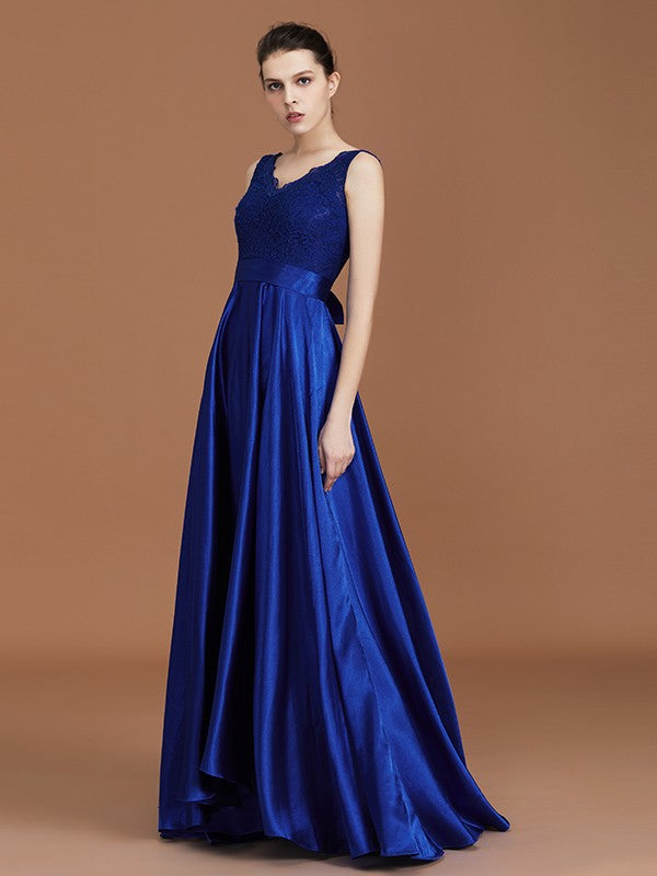 A-Line/Princess V-neck Sleeveless Satin Asymmetrical Lace Bridesmaid Dress Evening Prom Dress