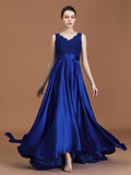 A-Line/Princess V-neck Sleeveless Satin Asymmetrical Lace Bridesmaid Dress Evening Prom Dress