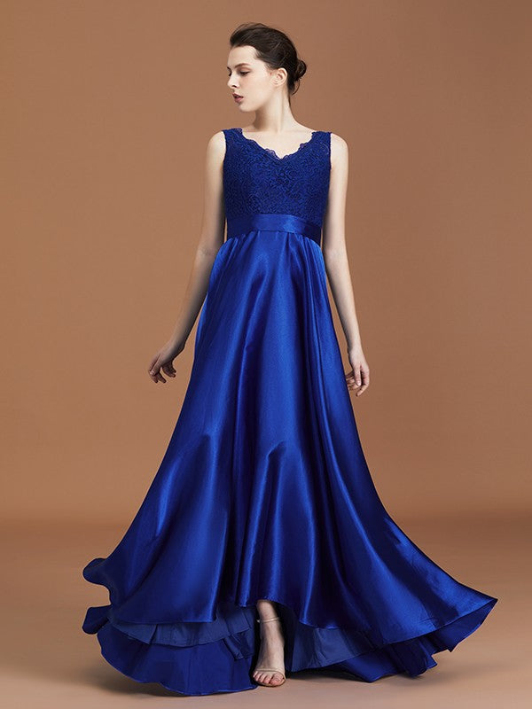 A-Line/Princess V-neck Sleeveless Satin Asymmetrical Lace Bridesmaid Dress Evening Prom Dress