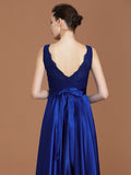 A-Line/Princess V-neck Sleeveless Satin Asymmetrical Lace Bridesmaid Dress Evening Prom Dress