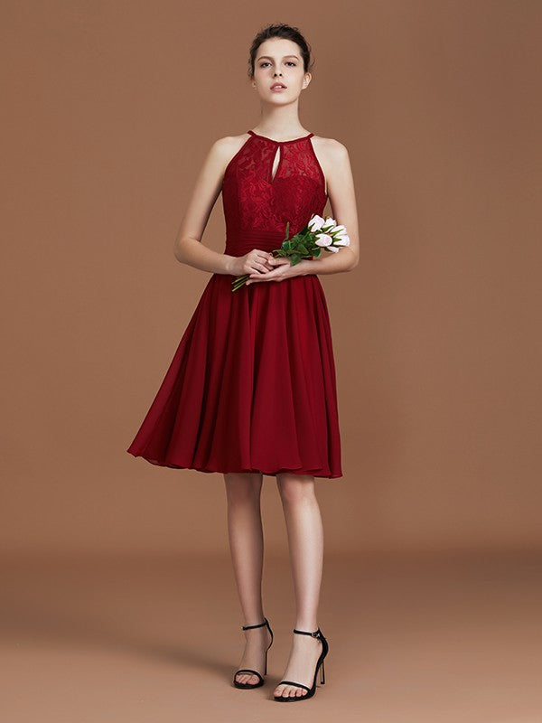 A-Line/Princess halter Sleeveless Knee-Length Chiffon Lace Bridesmaid Dress Wedding Guest Dress