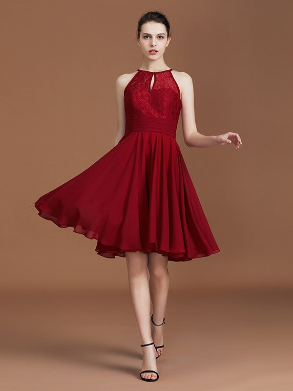 A-Line/Princess halter Sleeveless Knee-Length Chiffon Lace Bridesmaid Dress Wedding Guest Dress