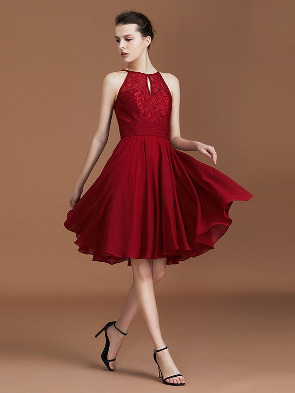 A-Line/Princess halter Sleeveless Knee-Length Chiffon Lace Bridesmaid Dress Wedding Guest Dress