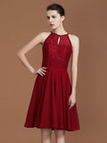 A-Line/Princess halter Sleeveless Knee-Length Chiffon Lace Bridesmaid Dress Wedding Guest Dress