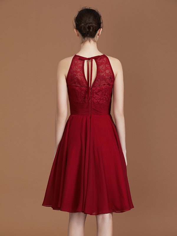 A-Line/Princess halter Sleeveless Knee-Length Chiffon Lace Bridesmaid Dress Wedding Guest Dress
