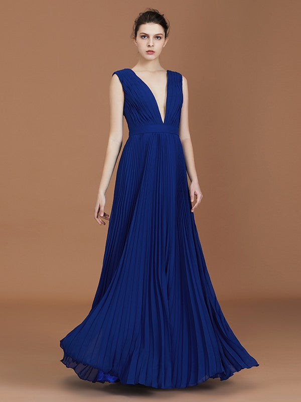 A-Line/Princess V-neck Sleeveless Pleated Floor-Length Chiffon Bridesmaid Dress Evening Prom Dress