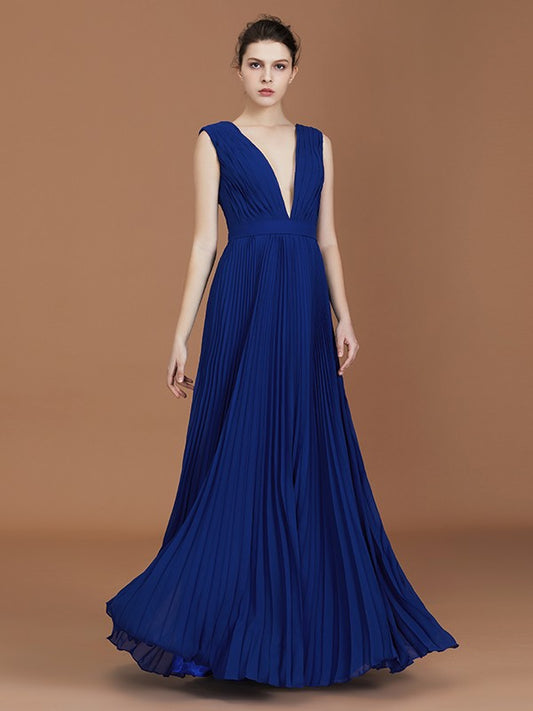A-Line/Princess V-neck Sleeveless Pleated Floor-Length Chiffon Bridesmaid Dress Evening Prom Dress