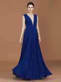 A-Line/Princess V-neck Sleeveless Pleated Floor-Length Chiffon Bridesmaid Dress Evening Prom Dress