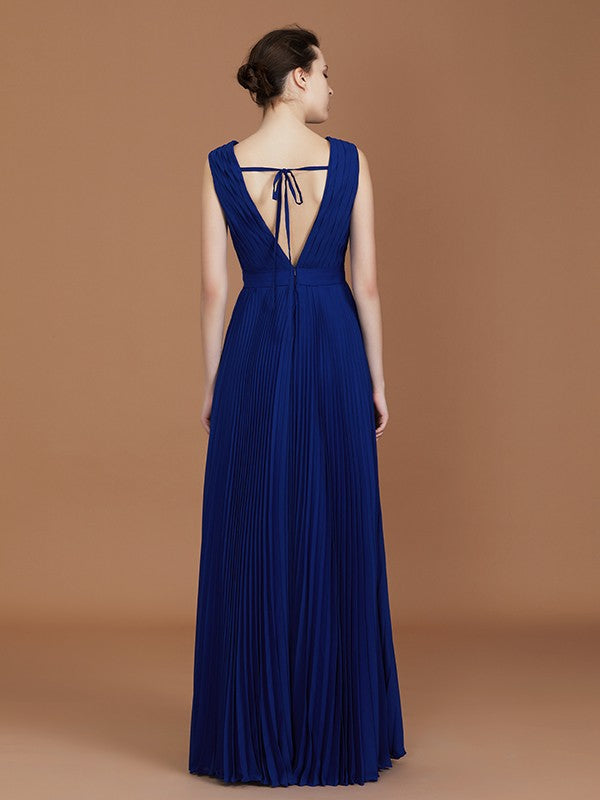 A-Line/Princess V-neck Sleeveless Pleated Floor-Length Chiffon Bridesmaid Dress Evening Prom Dress