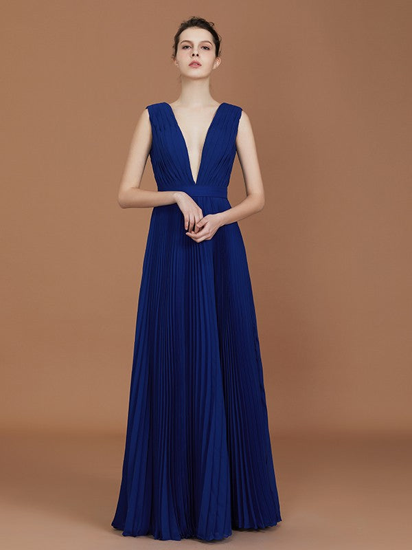 A-Line/Princess V-neck Sleeveless Pleated Floor-Length Chiffon Bridesmaid Dress Evening Prom Dress