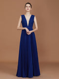 A-Line/Princess V-neck Sleeveless Pleated Floor-Length Chiffon Bridesmaid Dress Evening Prom Dress