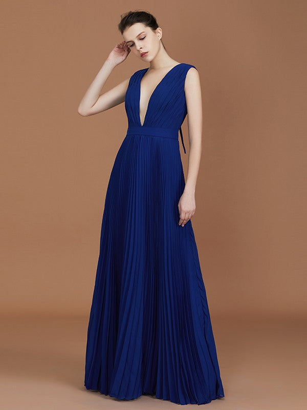 A-Line/Princess V-neck Sleeveless Pleated Floor-Length Chiffon Bridesmaid Dress Evening Prom Dress