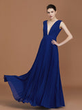 A-Line/Princess V-neck Sleeveless Pleated Floor-Length Chiffon Bridesmaid Dress Evening Prom Dress